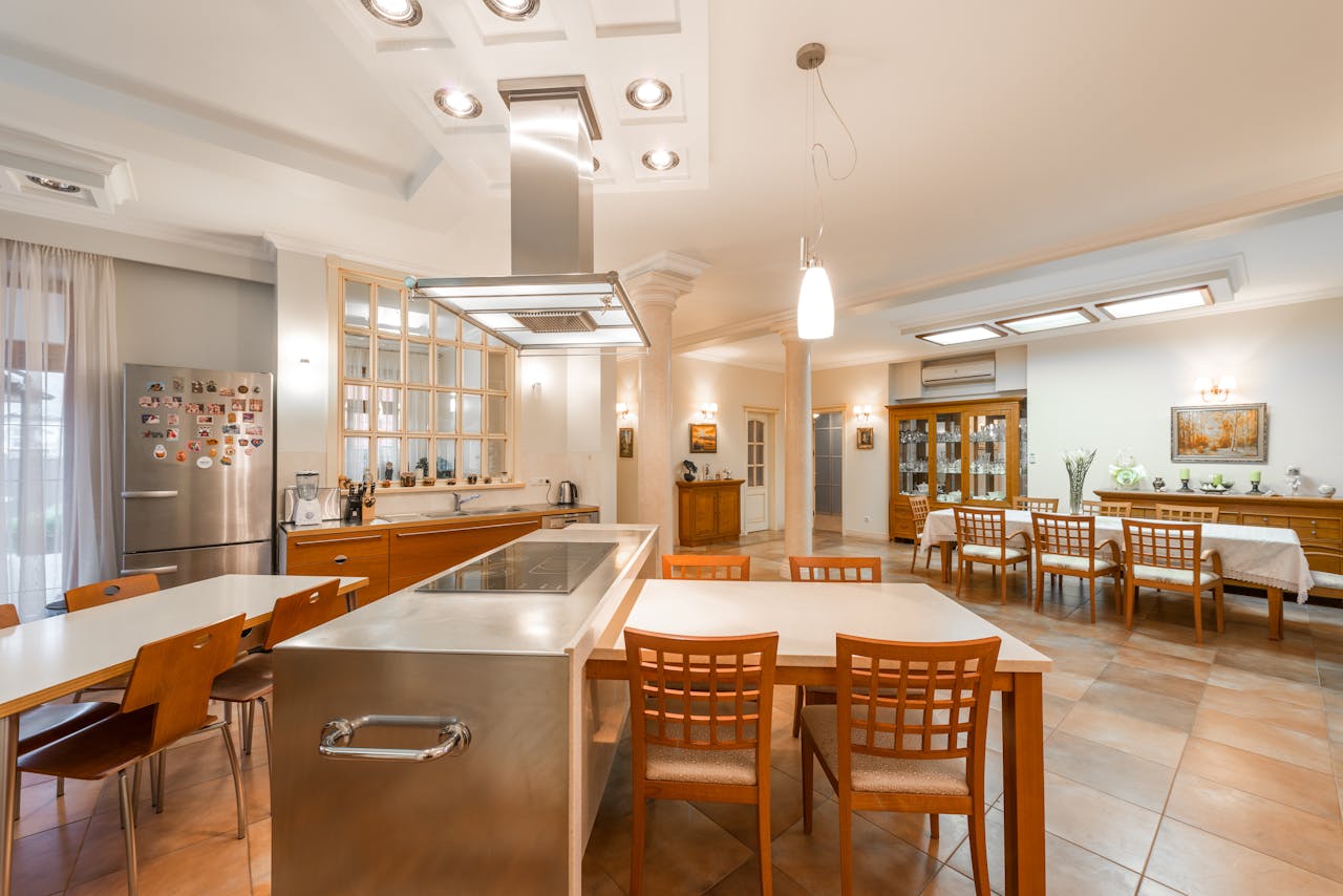 Contemporary spacious dining room in brown color